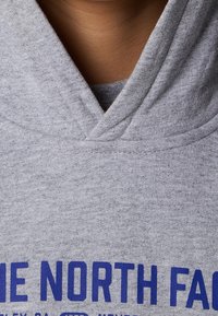 Gros plan d'une personne portant un sweat à capuche gris, avec le cou visible et le texte bleu "THE NORTH FACE" sur le devant.