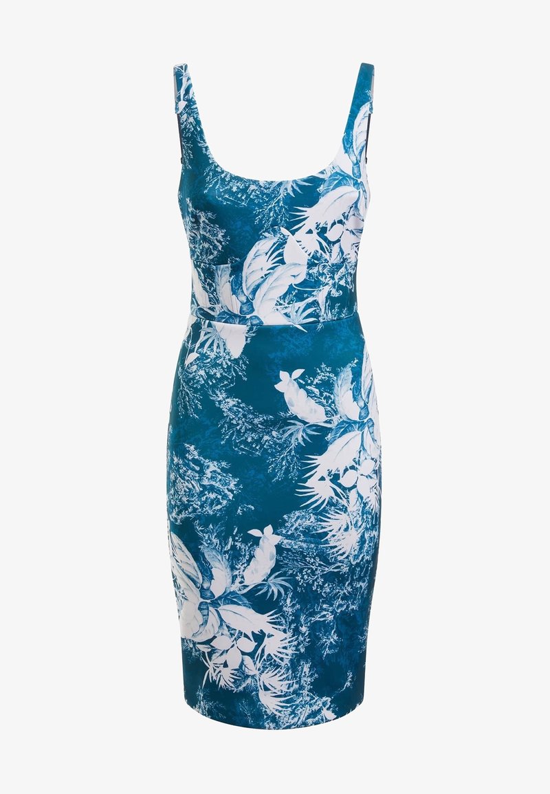 Robe sans manches bleu sarcelle avec taille ajustée, encolure dégagée et imprimé floral tropical blanc sur l’ensemble.