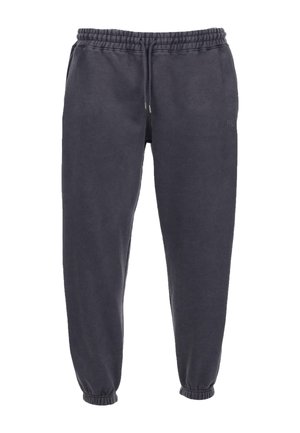 Temno sivi trenirki iz mehkega blaga, z elastičnim pasom in vrvico, rebrastimi manšetami ter diskretno logotipno podrobnostjo.