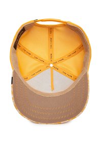 Yellow cap interior featuring a mesh lining and brown brim. Stitching detail around the edge and logo print on the inside. Flat crown shape.