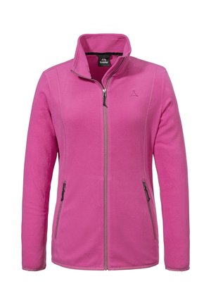Rosa Fleece-Jacke für Damen mit durchgehendem Frontreißverschluss, zwei seitlichen Reißverschlusstaschen und kleinem Logo auf der linken Brustseite.