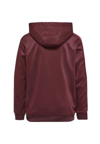 Mörkröd hoodie med texturerad yta, utrustad med dragsko på huvan, långa ärmar och ribbstickade muddar samt nederkant. Bakvy visas.