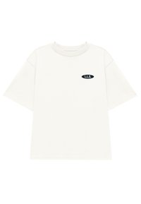 Short-sleeve, crewneck t-shirt in light beige fabric. Features a small black oval patch with "L.L.S." logo on the chest.