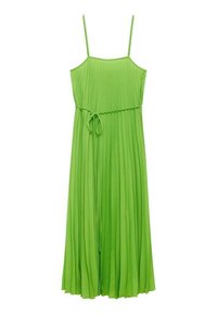 Robe midi plissée verte avec fines bretelles et ceinture nouée à la taille, présentée sur un fond blanc.