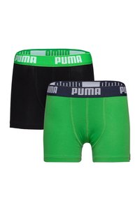 Zwei Paare Herren-Boxershorts: eine schwarze mit einem grünen Bund und eine leuchtend grüne mit einem marineblauen Bund, mit Logo-Branding.