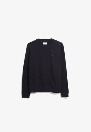 Schwarzer Baumwoll-Sweatshirt mit rundem Halsausschnitt, gerippten Bündchen und Saum, ausgestattet mit einem kleinen goldenen gestickten Logo auf der linken Brust.