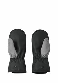 Schwarze und graue Fäustlinge mit glatter Außenseite, elastischen Bündchen und einem Knopfverschluss; verfügen über ein sich abhebendes graues Daumenfeld.