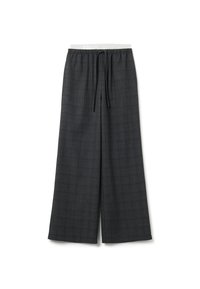 Grijze geruite wijde broek met een elastische tailleband en trekkoord. Heeft een gladde textuur en een ontspannen pasvorm voor comfort.