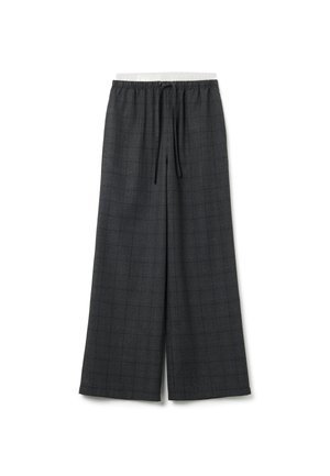 Graue Karo-Hosen mit weitem Bein, elastischem Bund und Kordelzug. Sie bieten eine glatte Textur und eine bequeme, lockere Passform.