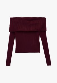 Burgunderfarbenes, geripptes Off-Shoulder-Oberteil mit langen Ärmeln und einem breiten, gefalteten Halsausschnitt. Hergestellt aus einem weichen, strukturierten Strickmaterial.