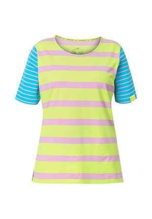 Koszulka z krótkim rękawem w zielone, różowe i niebieskie paski. Miękka bawełniana tkanina z okrągłym dekoltem i małą metką na rękawie.