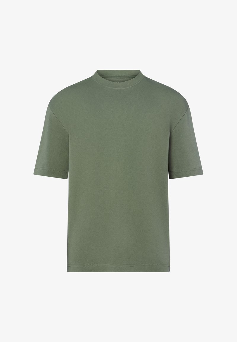 Olive green short-sleeve t-shirt with a high neckline, made of soft material, featuring a relaxed fit and minimal stitching details.