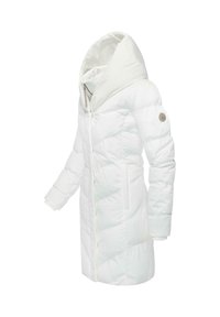 Witte pufferjas met een hoge kraag, lange mouwen en verticale gewatteerde patronen. Inclusief zijzakken en een logodetail op de mouw.