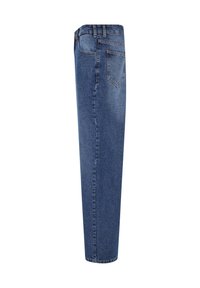 Gai zila denim bikses, taisna griezuma, ar augstu jostasvietu, ar aizmugurējo kabatu un vieglu izbalēšanu, klasiskā piecu kabatu dizainā.