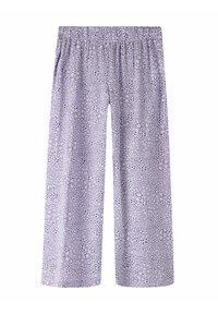 Pantalon à jambes larges lilas avec un petit motif abstrait tacheté noir et blanc et une taille élastique.