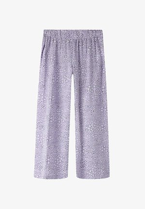 Lila bő szárú nadrág fekete-fehér apró absztrakt foltmintával és rugalmas derékrésszel.