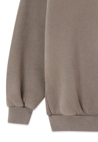 Hellbraunes Sweatshirt mit gerippten Bündchen und Saum, ausgestattet mit einem weichen, strukturierten Strick. Die Ärmel sind an den Bündchen leicht gerafft.