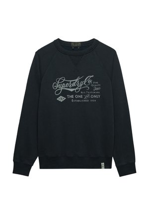 Zwart sweatshirt met lange mouwen en ronde hals, met witte opdruk "Superdry Co. Fine Quality Japan" op de voorkant en geribde manchetten en zoom.