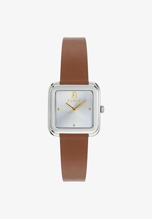 Square watch with a silver dial and golden markers, enclosed in a silver-tone case. Features a brown leather strap with a textured finish.