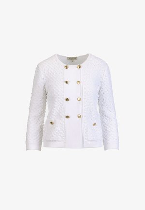 Fehér, texturált anyagú hosszú ujjú dzseki kerek nyakkivágással, két elülső zsebbel és két sor arany gombbal az elején.