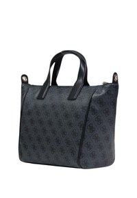 Bolso de mano sintético negro con textura estampada, doble asa corta y sutiles detalles metálicos. Forma rectangular con un diseño elegante.