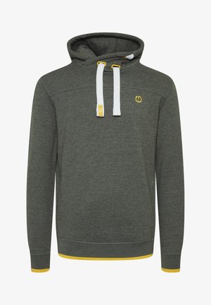 Gray hoodie with a drawstring, white cords, and yellow accents. Features a logo on the chest and contrasting yellow trim on the cuffs and hem.