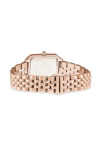 Roséguld metallänkarmband med fyrkantig boett, synlig baksida och spänne graverat med "Copenhagen Studios."