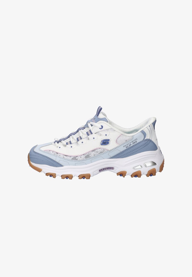 White and light blue Skechers Slip-Ins sneaker with lace-up front, rugged brown sole, and logo on the side.