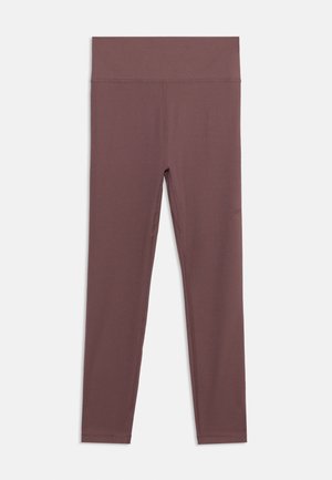 Solid brown high-waist athletic leggings with a smooth finish, full length, and subtle brand logo on the thigh.