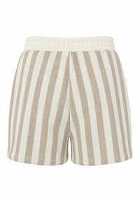 Shorts légers avec une taille élastique, dotés de rayures verticales beiges et blanches et d'un tissu doux et texturé.