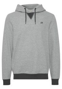 Gray hoodie made of soft fabric with a kangaroo pocket. Ribbed cuffs and hem, featuring a black triangular accent and logo detail.