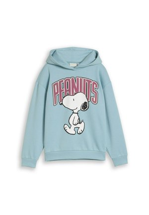 Light blue hoodie with a graphic of Snoopy walking and large maroon text reading "PEANUTS" above the character.