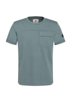 Camiseta de algodón de manga corta en verde claro, con bolsillo frontal, cuello redondo y un diseño minimalista con detalles de costura.