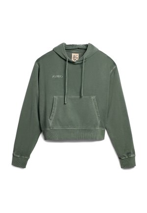 Cropped green hoodie made of soft fabric, featuring a front pocket, drawstring hood, and subtle embroidered logo on the chest.