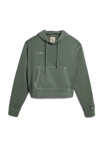 Felpa verde corta realizzata in tessuto morbido, con tasca frontale, cappuccio regolabile con cordino e discreto logo ricamato sul petto.