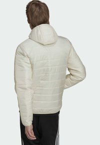 Giacca a pannelli con cappuccio in bianco sporco, caratterizzata da una texture trapuntata, un design aderente e polsini elasticizzati. Stile minimalista senza loghi visibili.