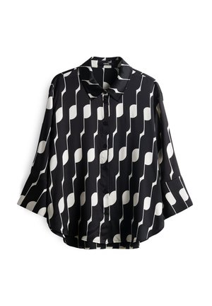 Chemise à motif noir et blanc avec col, fermeture à boutons, manches trois-quarts et tissu lisse et léger. Coupe régulière.