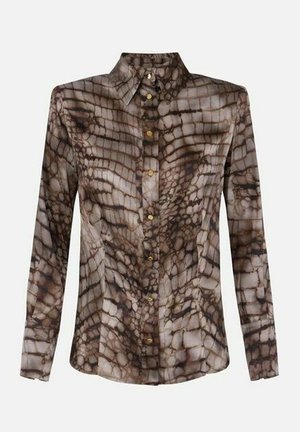Camicia a maniche lunghe con bottoni, motivo astratto in pelle di rettile marrone e beige e bottoni dorati, colletto classico, taglio aderente.