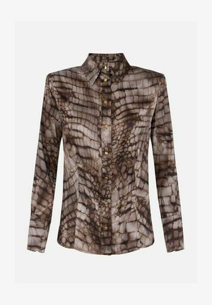 Camicia a maniche lunghe con bottoni, motivo astratto in pelle di rettile marrone e beige e bottoni dorati, colletto classico, taglio aderente.