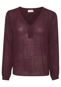 Bordeauxfarbige Bluse mit langen Ärmeln, leichtem, transparentem Stoff, V-Ausschnitt mit Falten-Details und elastischen Bündchen. Lockere Passform mit geradem Saum.