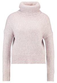 Ljusrosa polotröja med stickad textur, lös passform, långa ärmar, ribbstickade muddar och fåll, med en bred, hög krage.