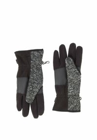 Schwarze und graue Handschuhe mit einer Mischung aus strukturiertem Stoff, Fleecefutter, verstellbarem Handgelenkabschluss und Griffigkeitsakzenten auf der Handfläche.