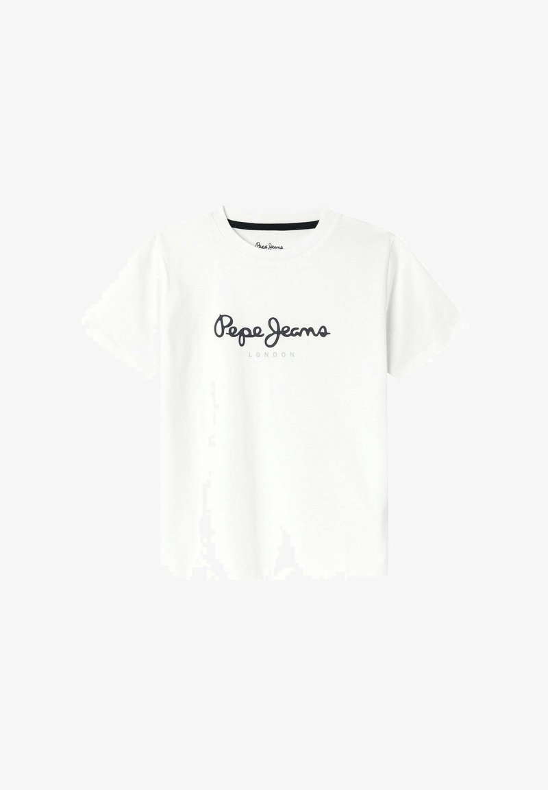 Bílé bavlněné tričko s logem „Pepe Jeans London“ v černém písmu a minimalistickým designem. Krátké rukávy a klasický kulatý výstřih.