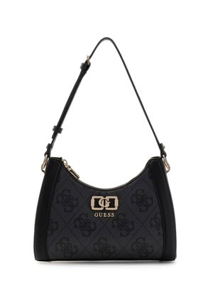 Black textured handbag with a curved shape, gold hardware, and logo detailing on the front. Adjustable strap for versatile wear.