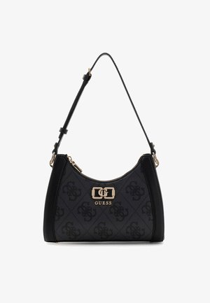 Black textured handbag with a curved shape, gold hardware, and logo detailing on the front. Adjustable strap for versatile wear.