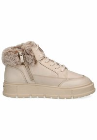 Sneakers alte beige con colletto in pelliccia sintetica, tomaia in pelle, suola in gomma spessa e dettaglio con zip sul lato, caratterizzati da una finitura texturizzata.