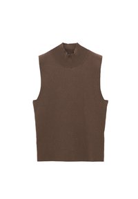 Bruine mouwloze top met een hoge, geribde opstaande kraag. Glad, gestructureerd stof; aansluitend ontwerp met een rechte silhouette. Geen patronen of accenten.