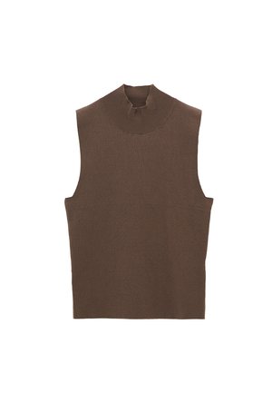 Top senza maniche marrone con un alto collo a imitatore cordonato. Tessuto liscio e strutturato; design aderente con una silhouette dritta. Senza motivi o accenti.