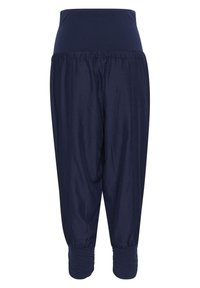 Pantaloni jogger leggeri di colore blu navy con vita elasticizzata e polsini affusolati. Presentano cuciture laterali e una superficie liscia.