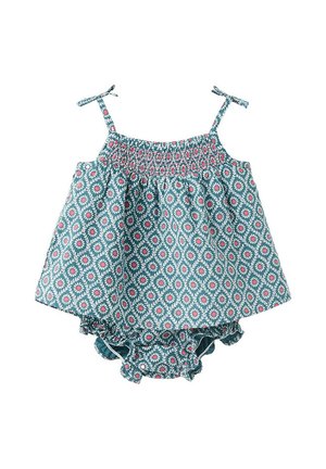 Robe bébé à motif floral bleu et rose avec liens aux épaules et bloomer assorti à volants en dessous.